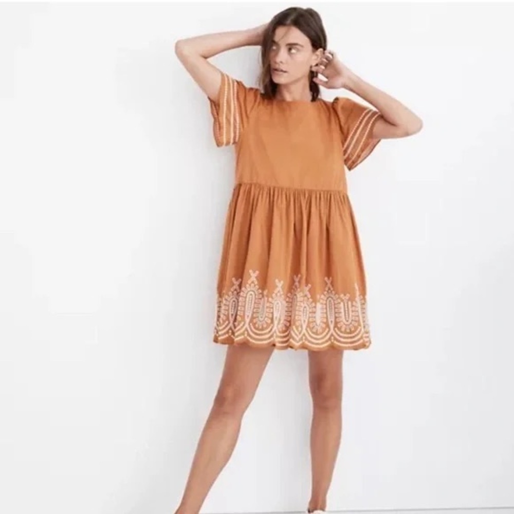Madewell Embroidered Eyelet Mini Babydoll‎ Dress Orange Sz XS Fall Cottage